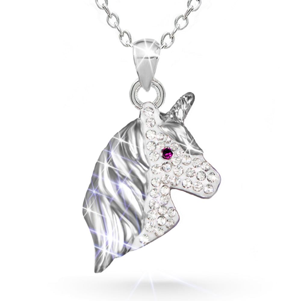 Cubic Zirconia Silver Unicorn Necklace for Girls Crystal Pendant Jewelry with Gift Box, 18 inch