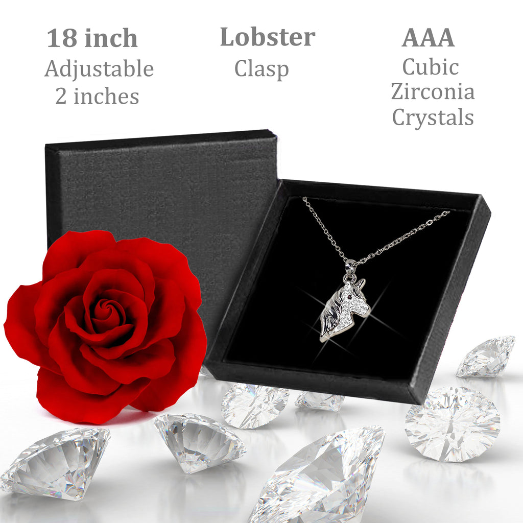 Cubic Zirconia Silver Unicorn Necklace for Girls Crystal Pendant Jewelry with Gift Box, 18 inch