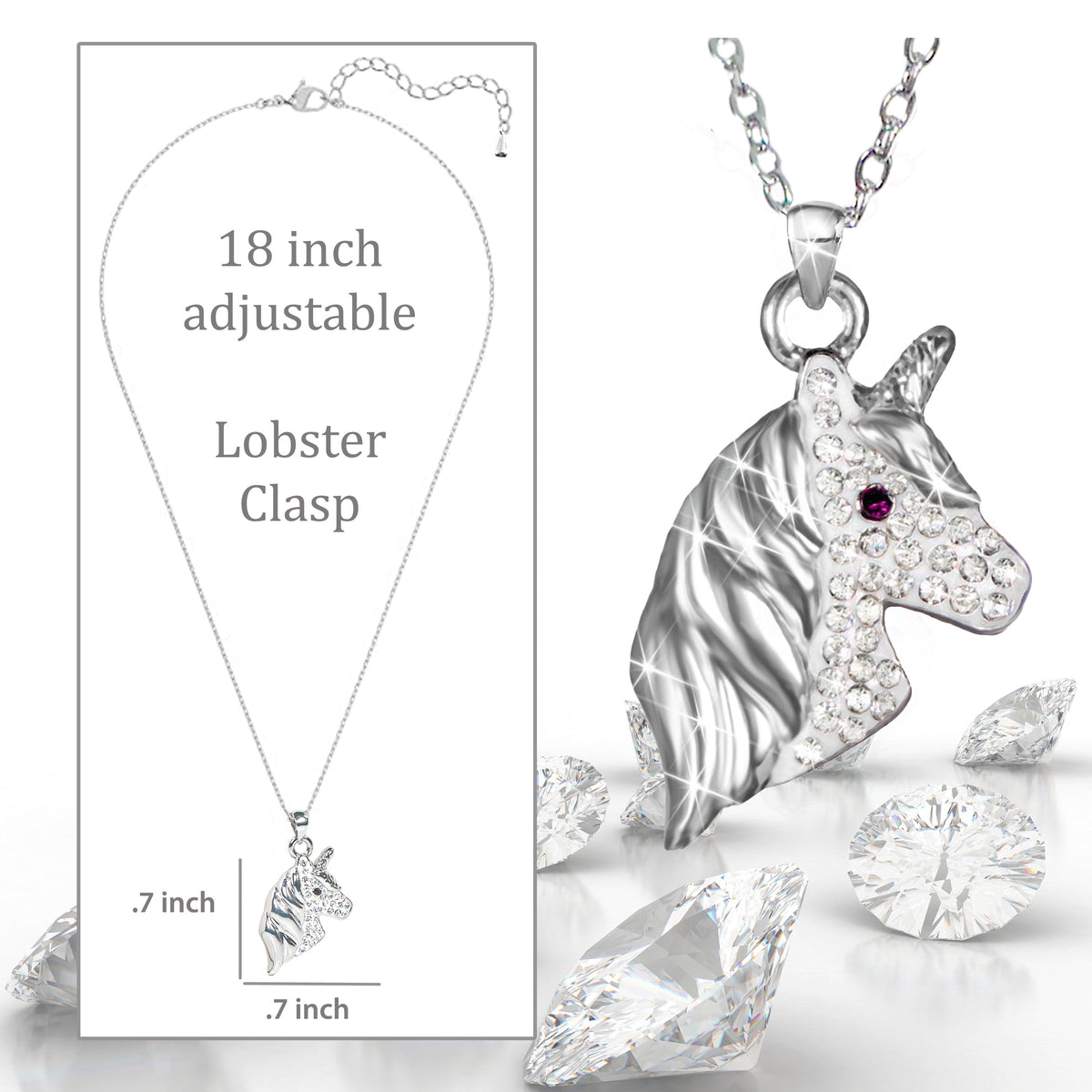 Cubic Zirconia Silver Unicorn Necklace for Girls Crystal Pendant Jewelry with Gift Box, 18 inch