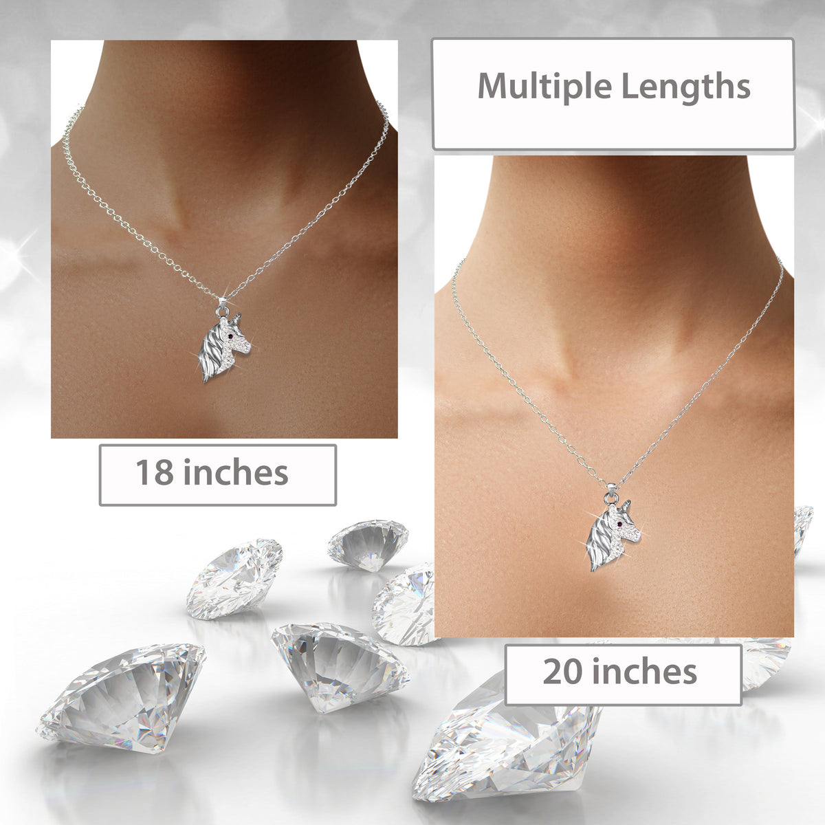 Cubic Zirconia Silver Unicorn Necklace for Girls Crystal Pendant Jewelry with Gift Box, 18 inch