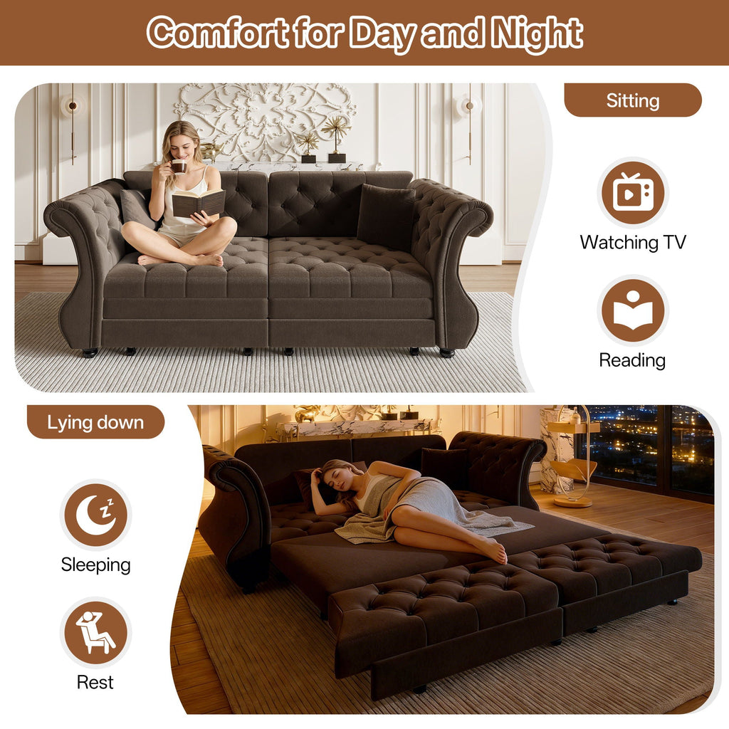 Oversized Chesterfield Pull Out Sofa Bed, Roll Arm Couch With Flower Tufting For Living Room