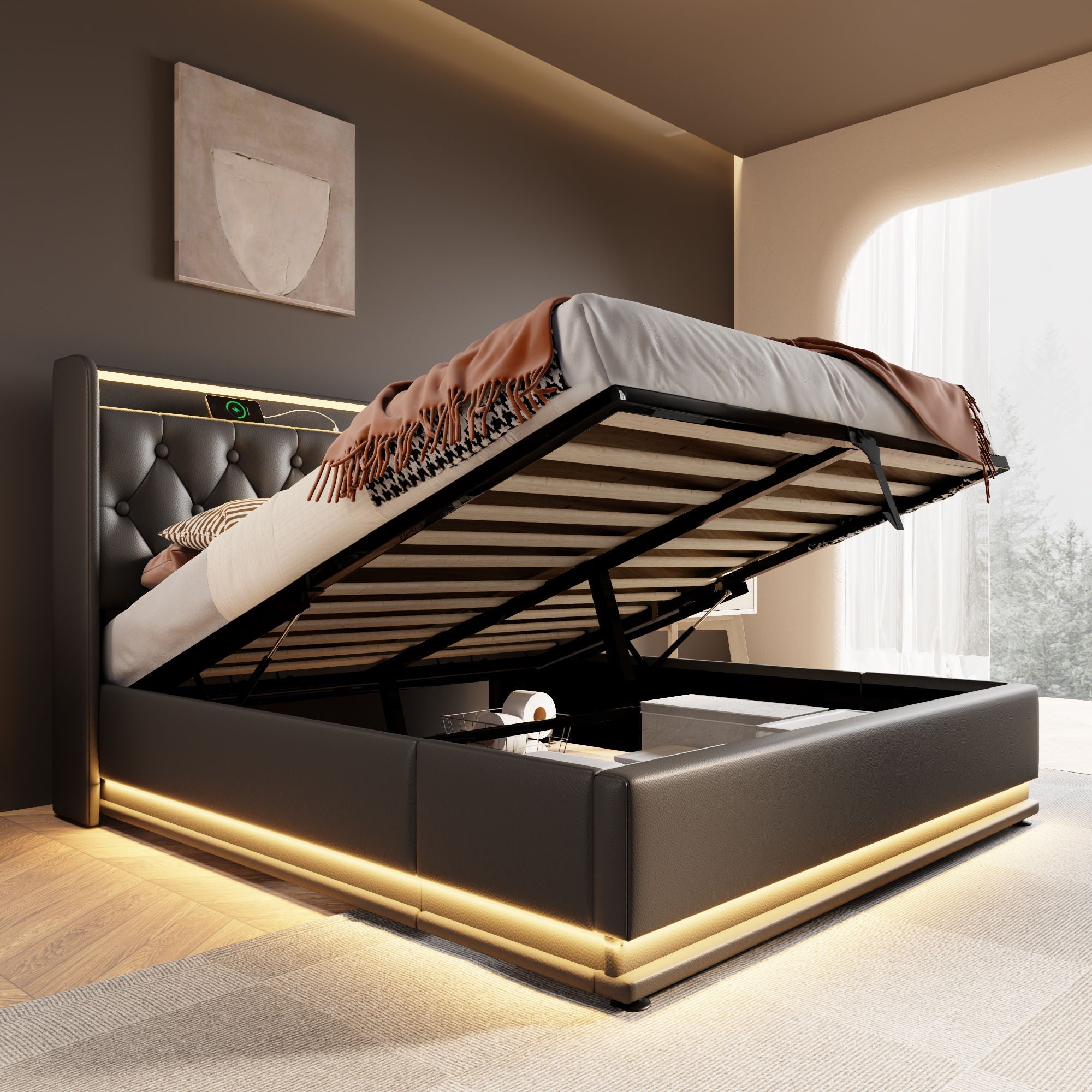 Upholstered Bed, 360 Surround LED Function, Remote Control, Hydraulic Storage Bed With USB, Type-C Charging (Without Mattress)