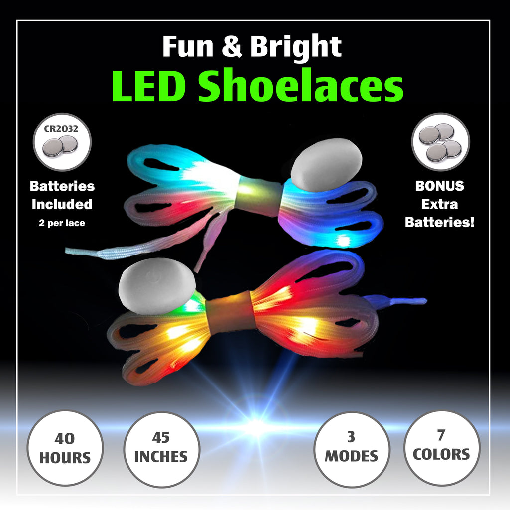 7 Color Strobe LED Light Up Shoe Laces Flashing Glow in the Dark White Tie Shoelaces for Sneakers, Skates, 45 inch