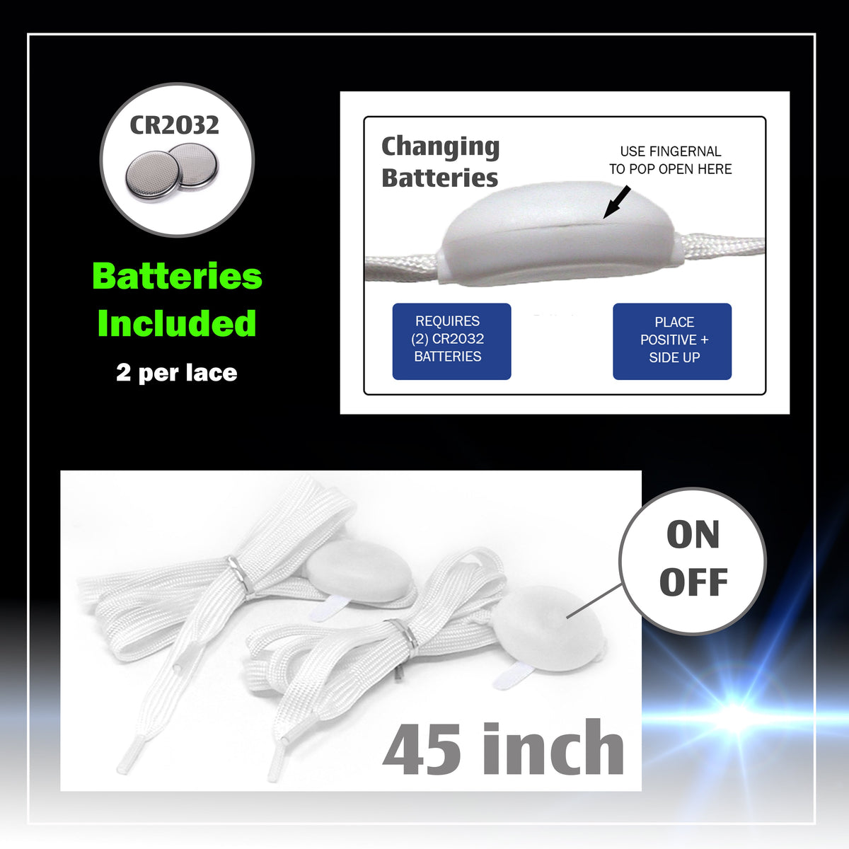 7 Color Strobe LED Light Up Shoe Laces Flashing Glow in the Dark White Tie Shoelaces for Sneakers, Skates, 45 inch