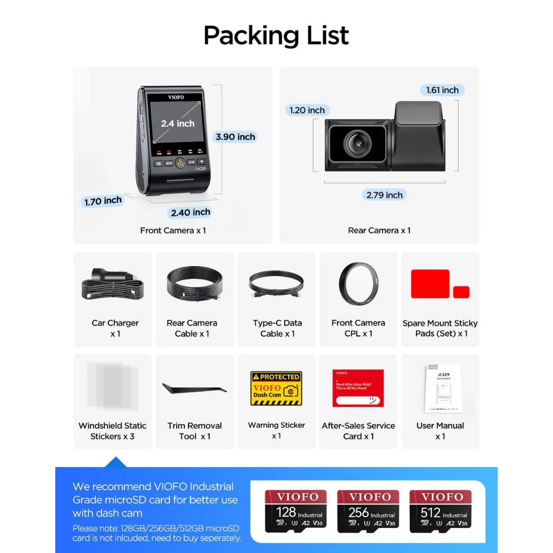 VIOFO A329S 2CH 4K UHD 60FPS Front + 2K Rear Sony STARVIS 2 Dash Cam