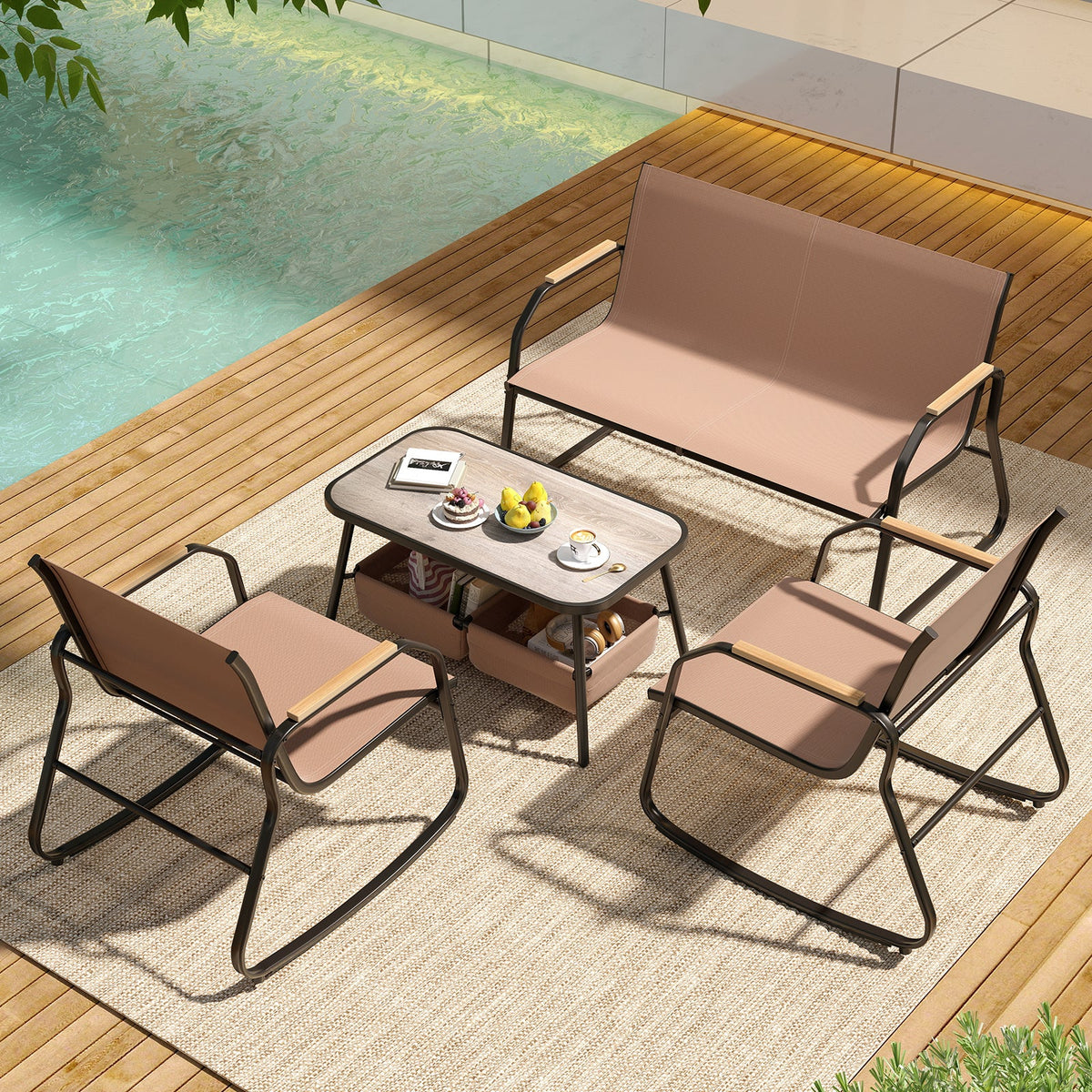 4 Pieces Patio Furniture Set with Rocking Bistro Chairs and Breathable Mesh Fabric-Coffee