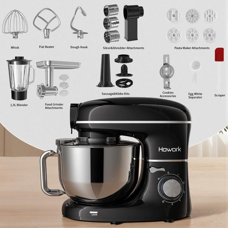 HOWORK 6.5QT 8-In-1 Multifunctional Stand Mixer | 660W 6-Speed 6.5QT Kitchen Mixer with Meat Grinder, Blender & Pasta/Cookie Maker | Perfect for Home Cooks