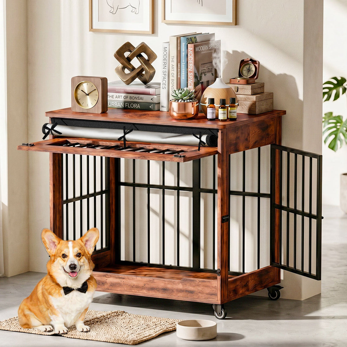 32in  Dog Crate Furniture, Double Door Wooden Indoor Dog Kennel Furniture, Decorative Pet Cage End Table With Wheels For Medium And Small Breed Dogs, Size M, Greige