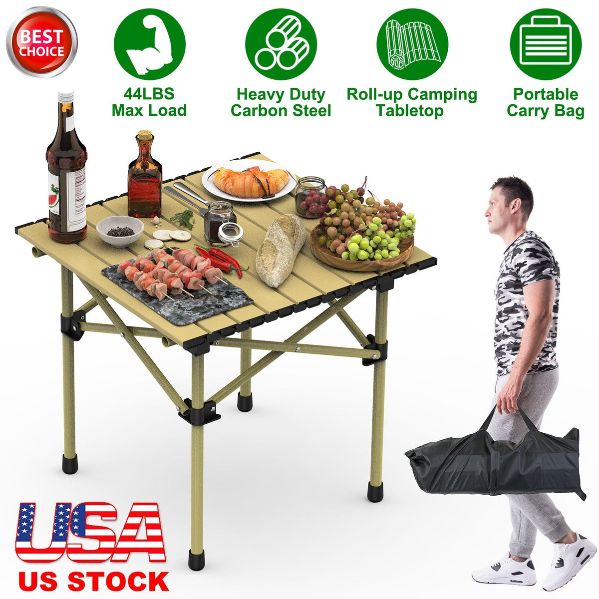 Folding Camping Table Portable Lightweight Carbon Steel Roll-up Picnic BBQ Desk with Carry Bag Heavy Duty for Outdoor Beach Backyard Party Patio Campi