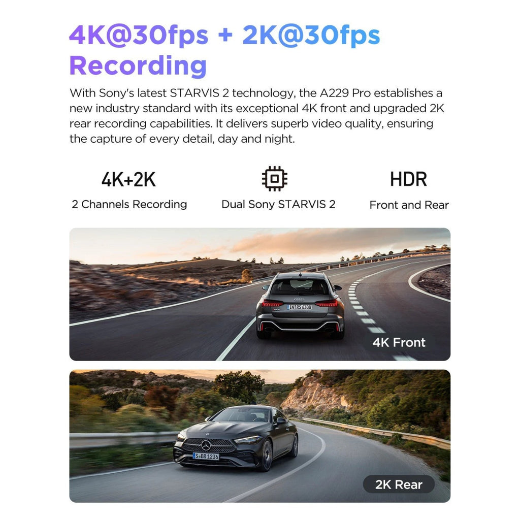 VIOFO A229 Pro 2-Channel 4K HDR Sony STARVIS 2 Front and Rear Dash Cam