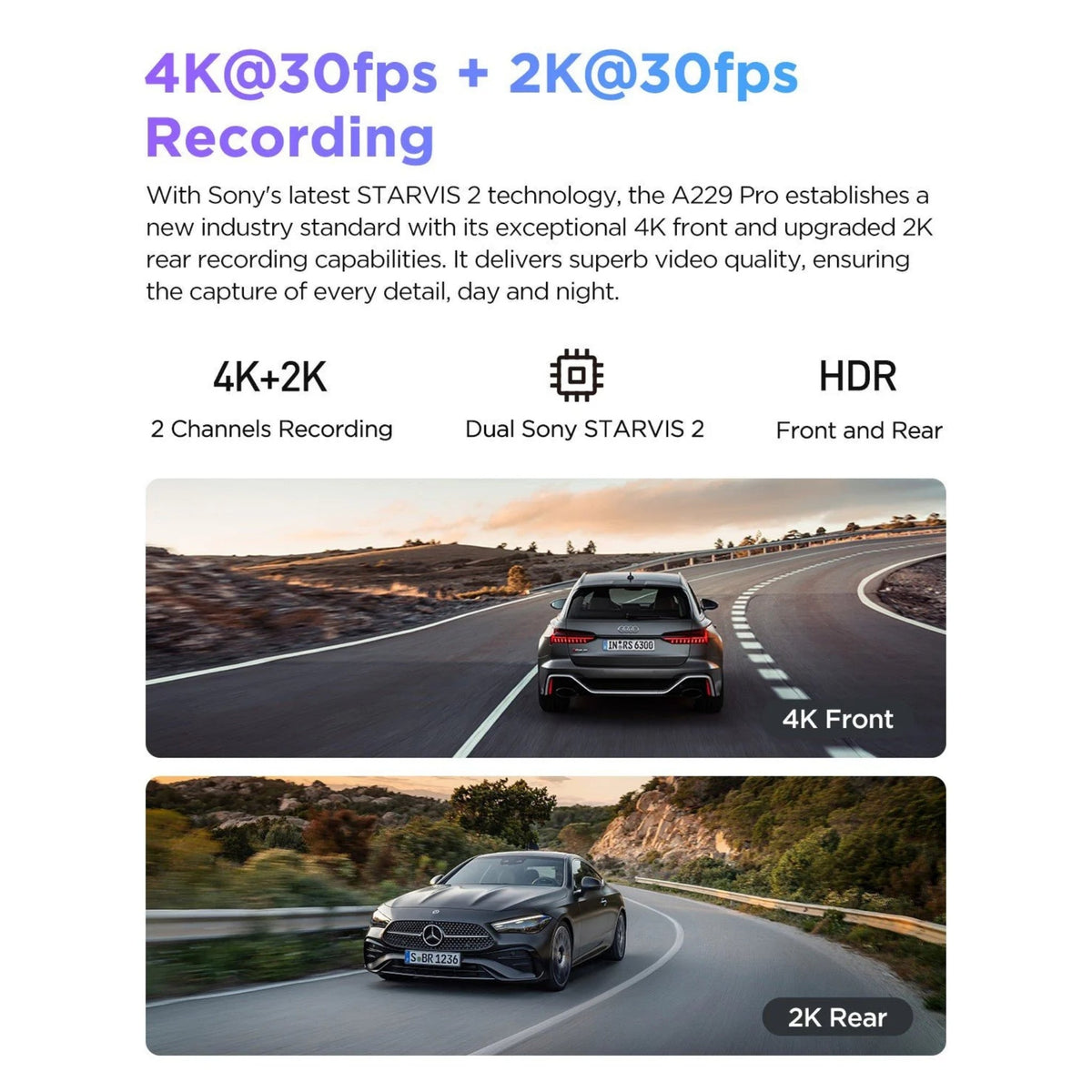 VIOFO A229 Pro 2-Channel 4K HDR Sony STARVIS 2 Front and Rear Dash Cam
