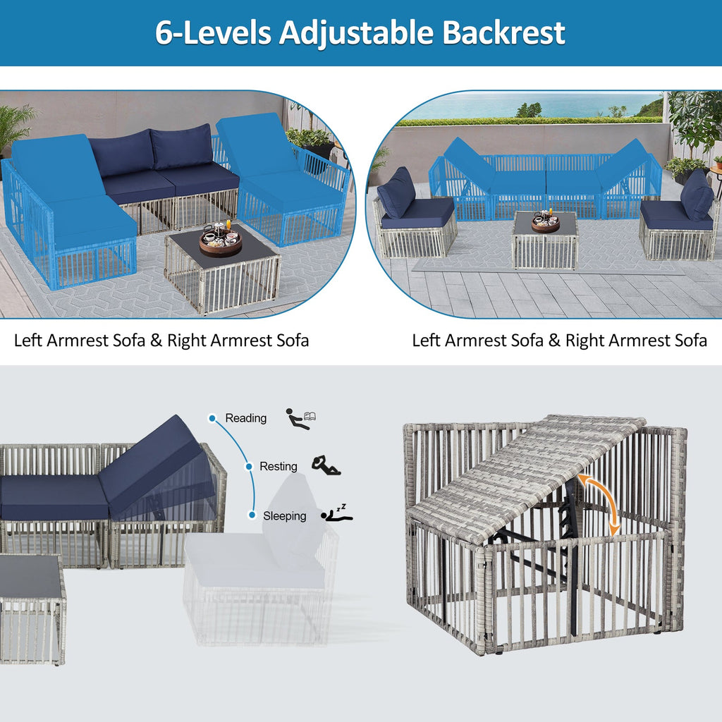 Ainfox 7 Piece Outdoor Sectional Furniture Set with Cushions, Wicker Patio Conversation Set Outdoor Sectional Sofa, All-Weather for Garden, Backyard and Poolside