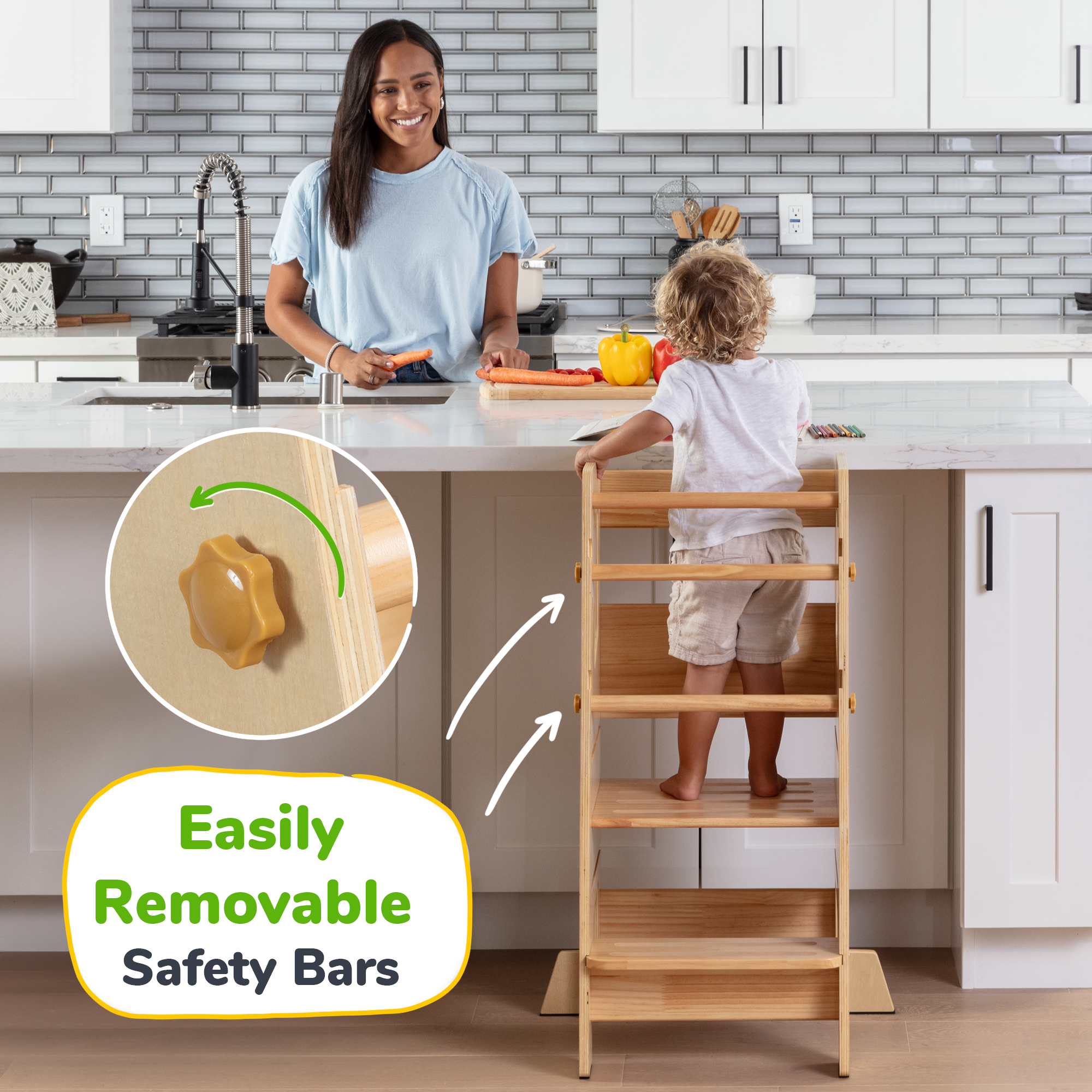 Adjustable Toddler Kitchen Tower with Safety Bars