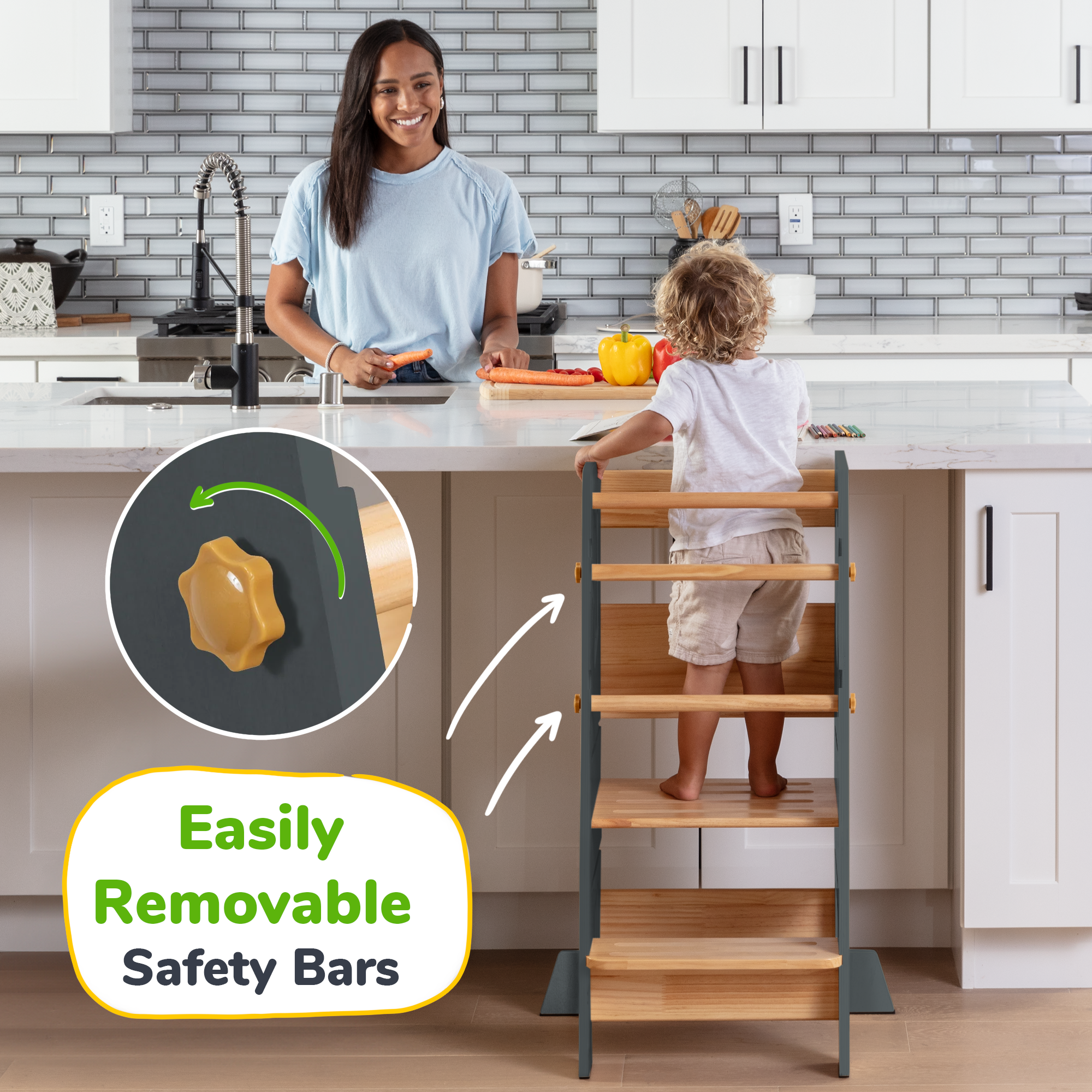 Adjustable Toddler Kitchen Tower with Safety Bars