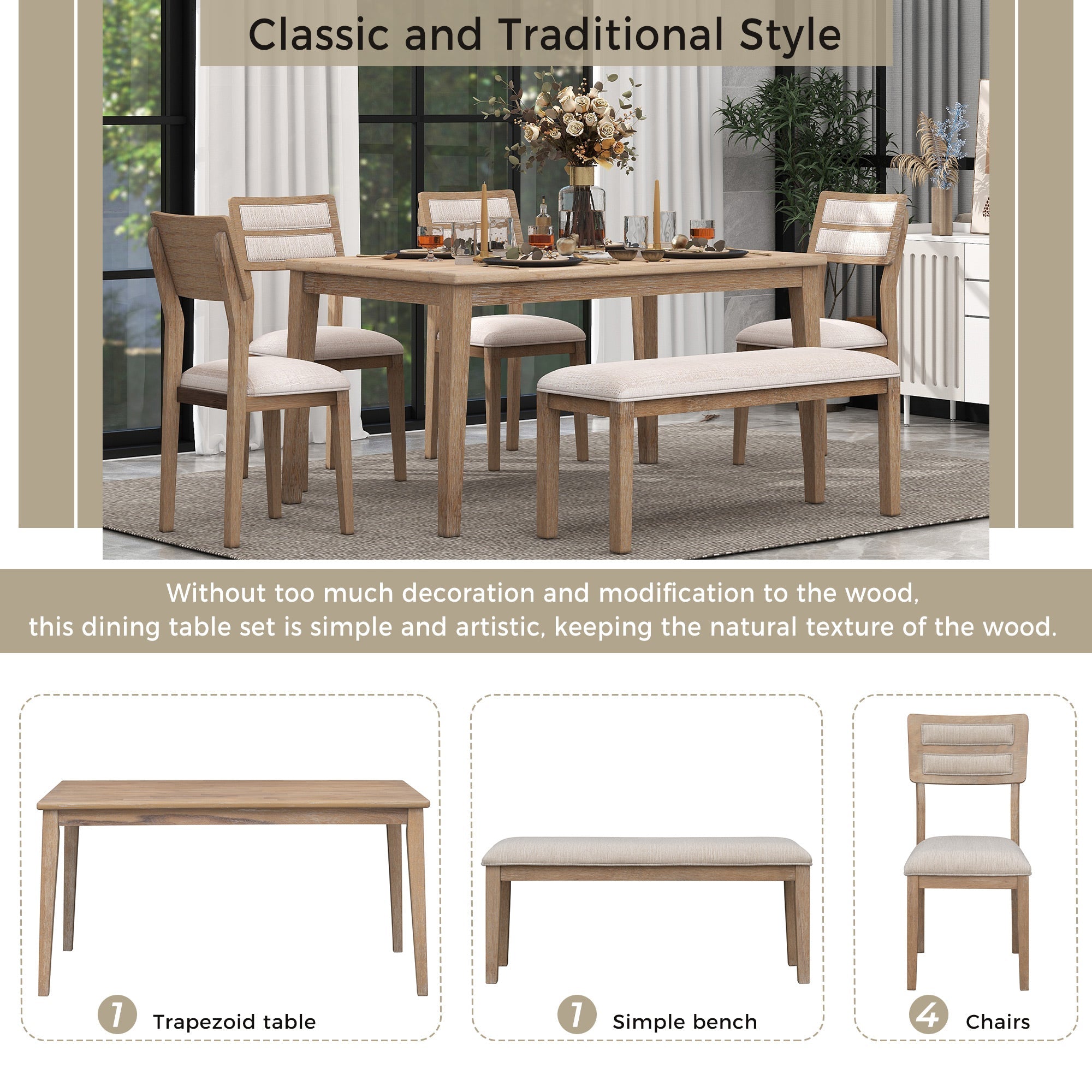 TREXM Classic and Traditional Style 6 - Piece Dining Set, Includes Dining Table, 4 Upholstered Chairs & Bench (Natural Wood Wash）
