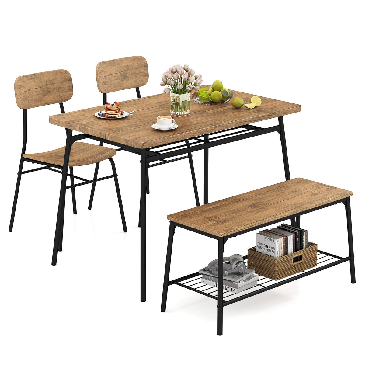4 Piece Dining Table Set for 4 Metal Frame with Bench and 2 Chairs-Brown