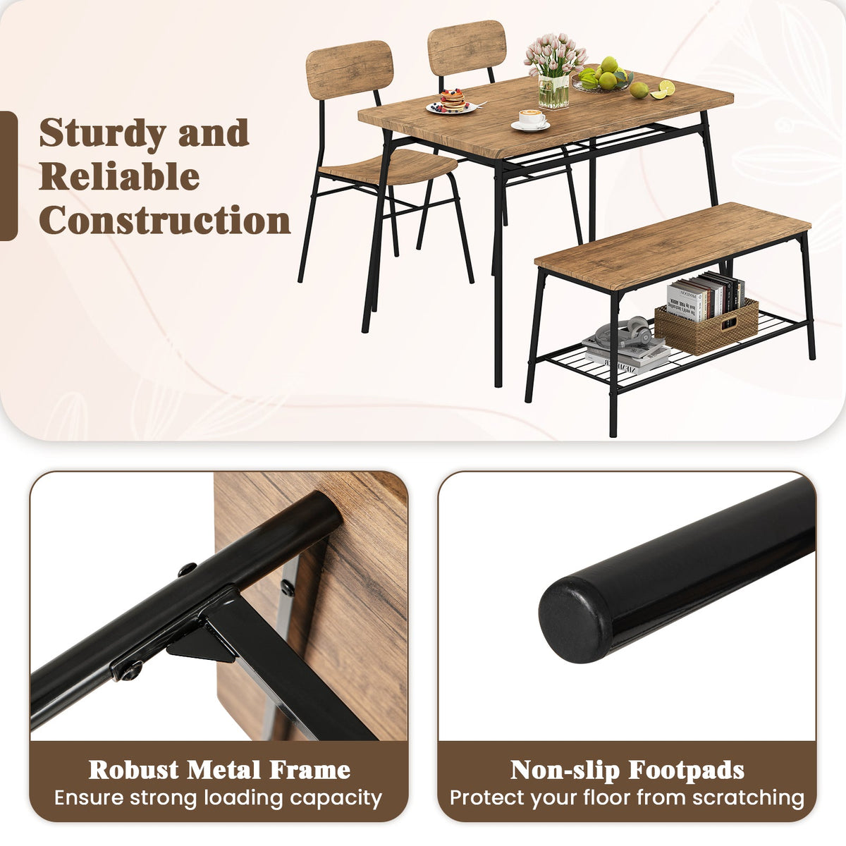 4 Piece Dining Table Set for 4 Metal Frame with Bench and 2 Chairs-Brown