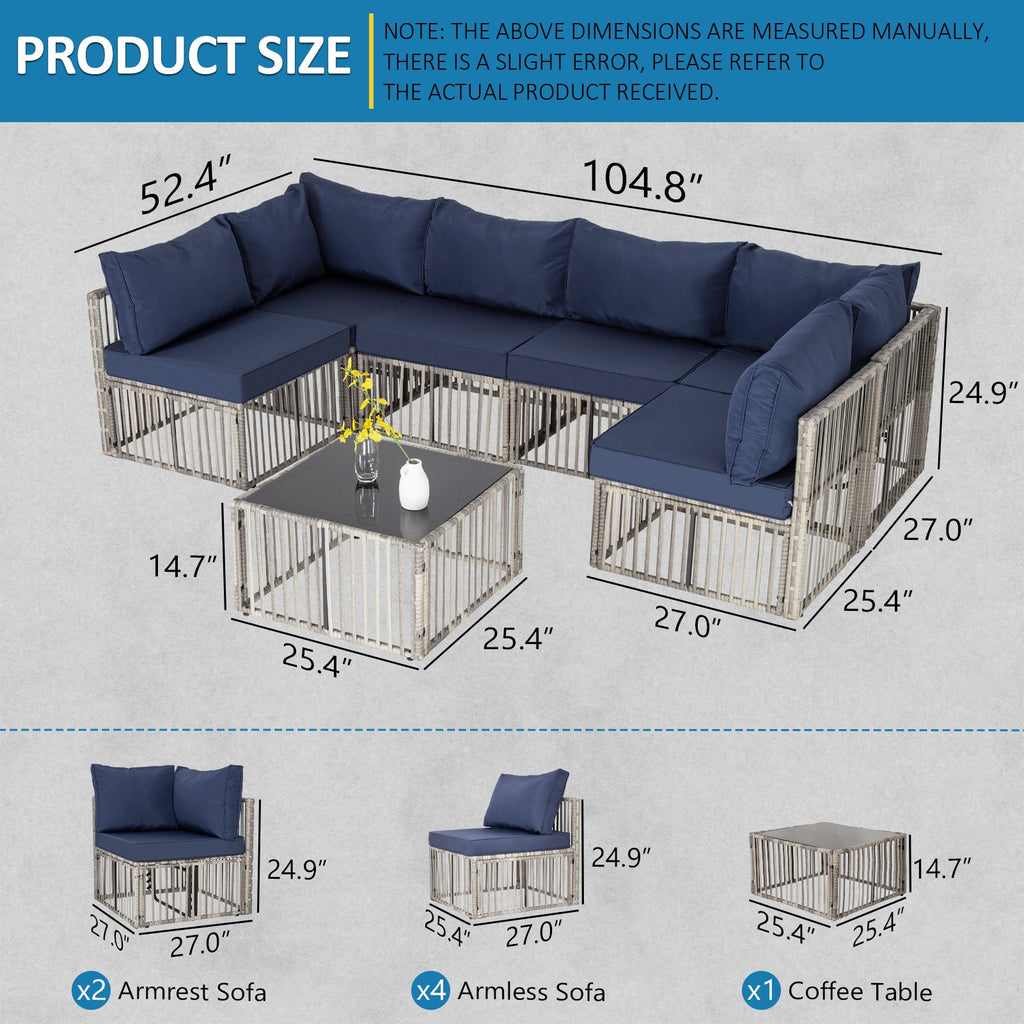 Ainfox 7 Piece Outdoor Sectional Furniture Set with Cushions, Wicker Patio Conversation Set Outdoor Sectional Sofa, All-Weather for Garden, Backyard and Poolside