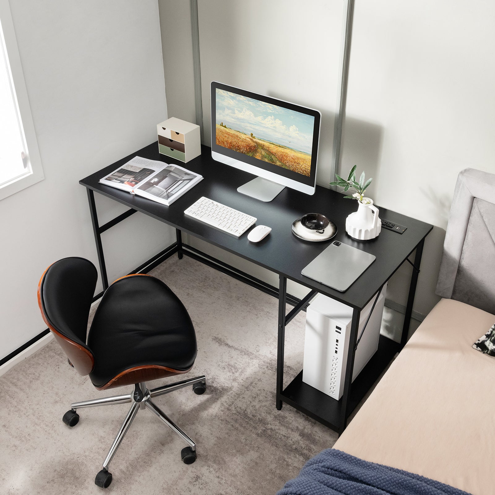 55 Inch Computer Desk with 4 Power Outlets and CPU Stand