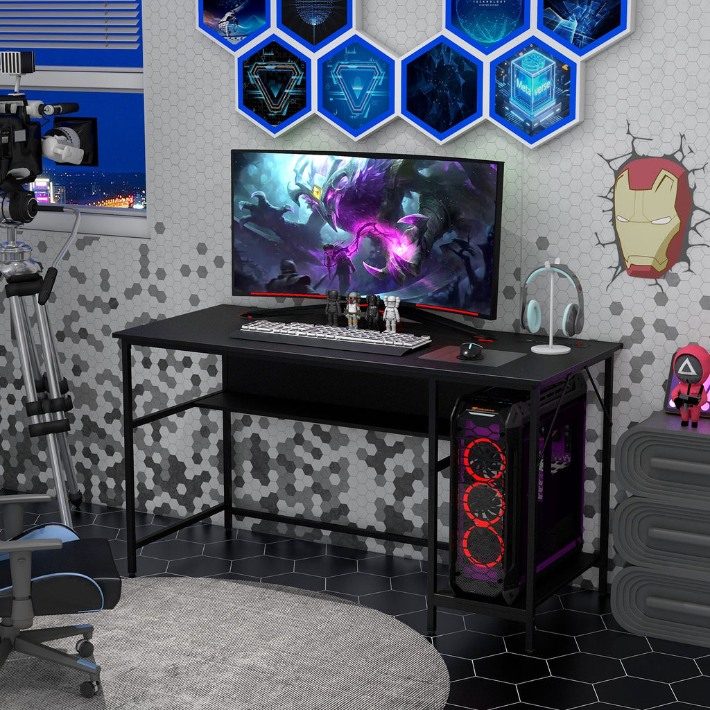 55 Inch Computer Desk with 4 Power Outlets and CPU Stand