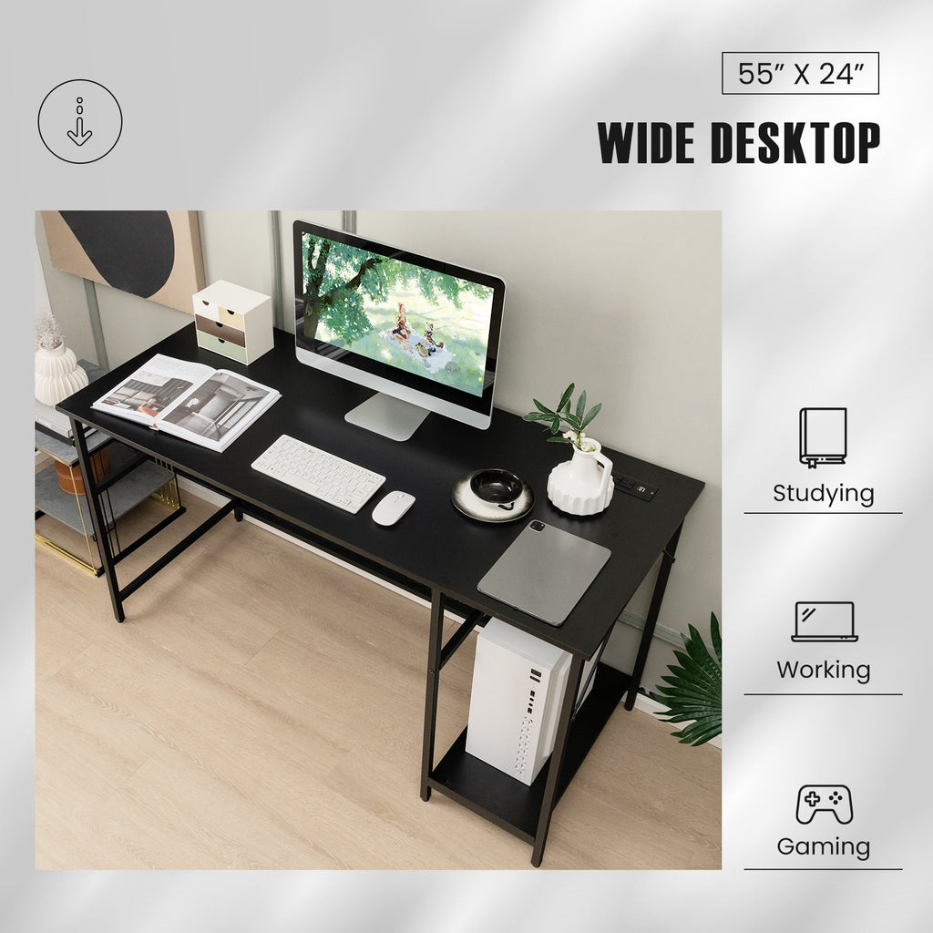 55 Inch Computer Desk with 4 Power Outlets and CPU Stand