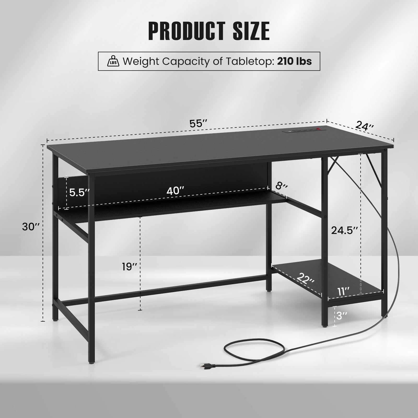 55 Inch Computer Desk with 4 Power Outlets and CPU Stand