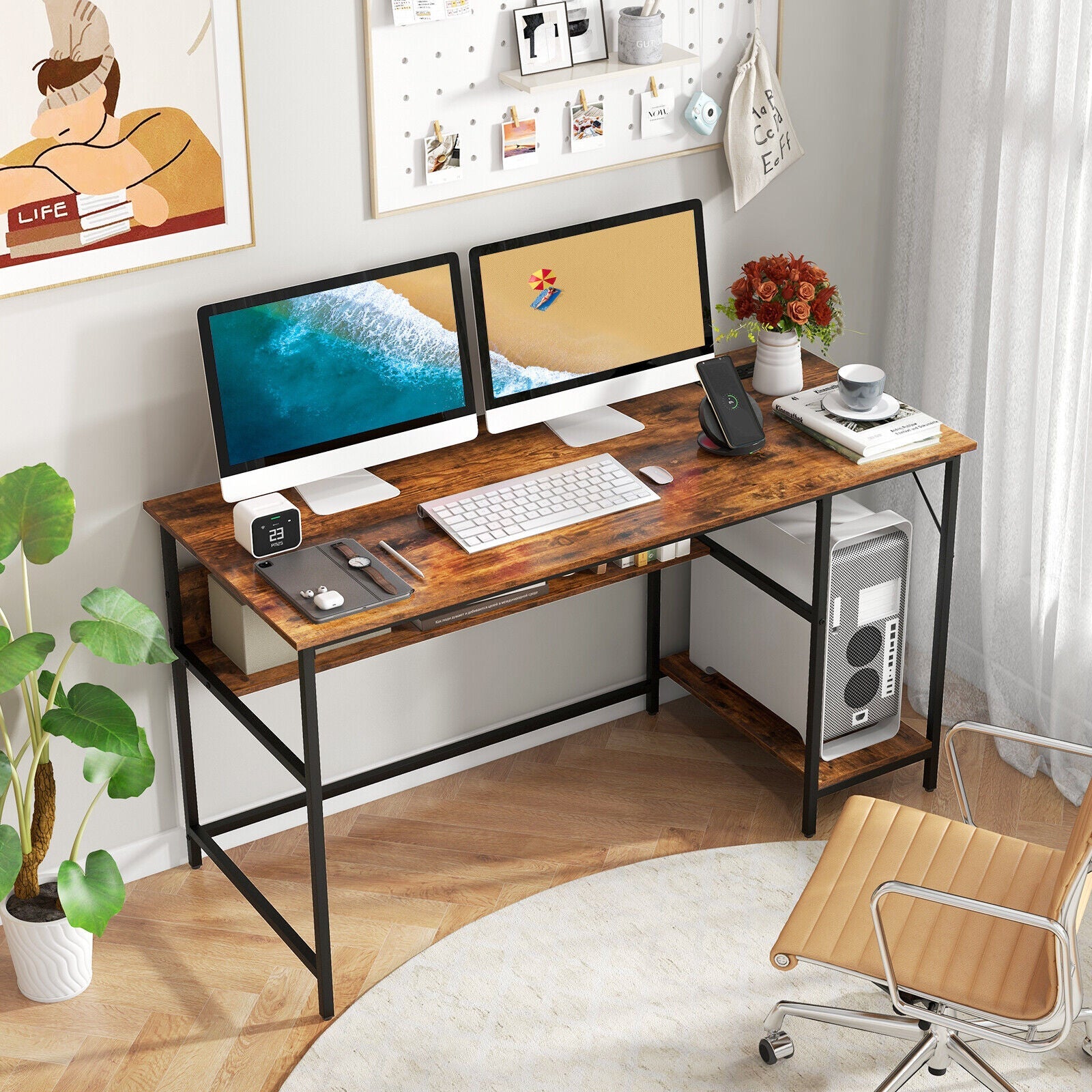 55 Inch Computer Desk with 4 Power Outlets and CPU Stand