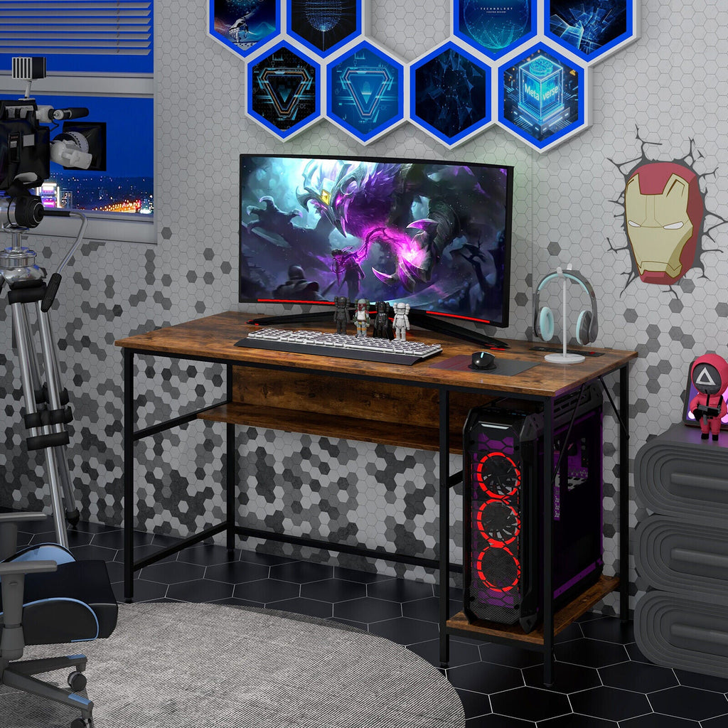 55 Inch Computer Desk with 4 Power Outlets and CPU Stand