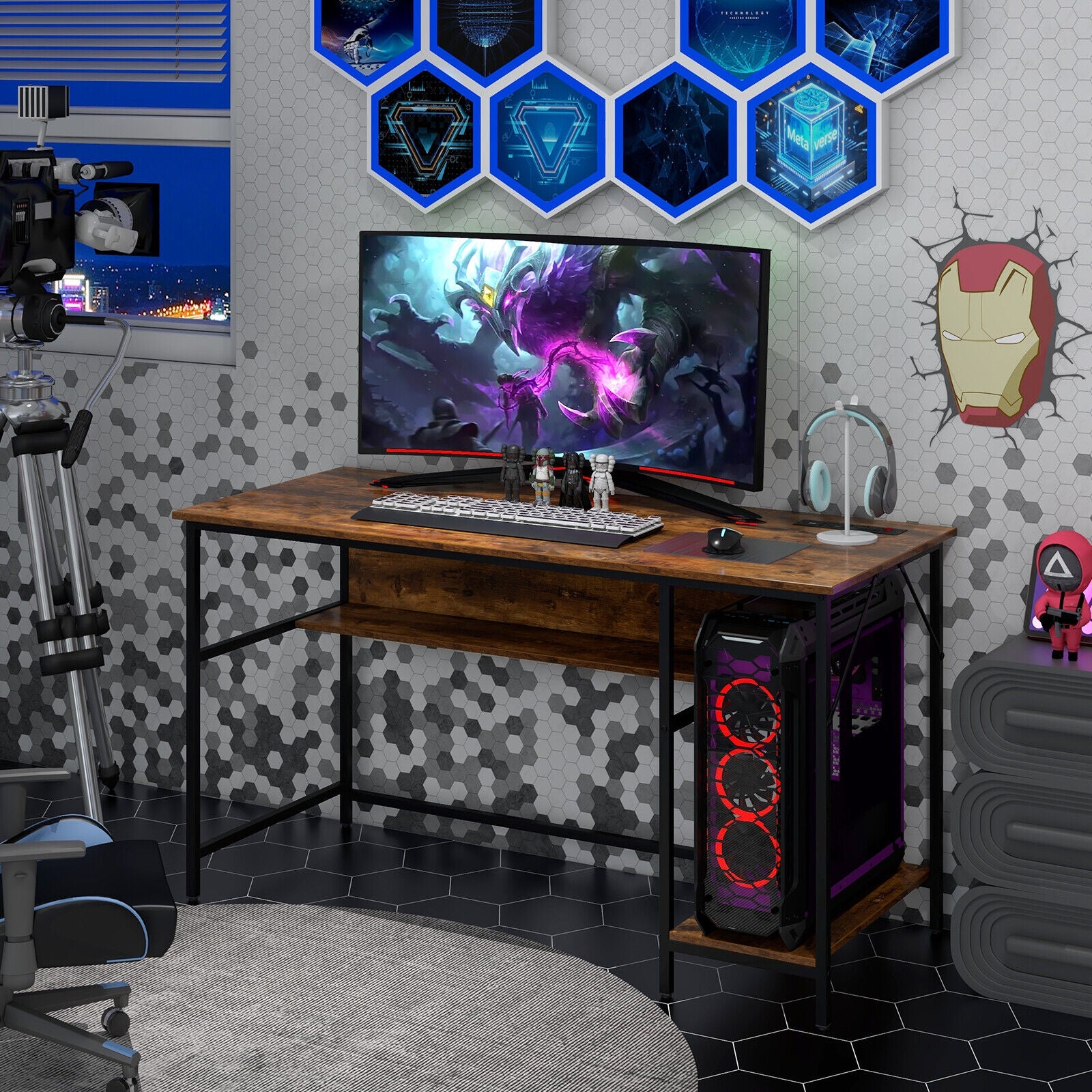 55 Inch Computer Desk with 4 Power Outlets and CPU Stand