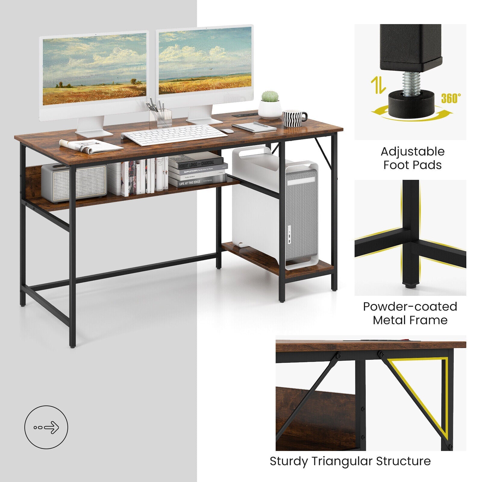 55 Inch Computer Desk with 4 Power Outlets and CPU Stand