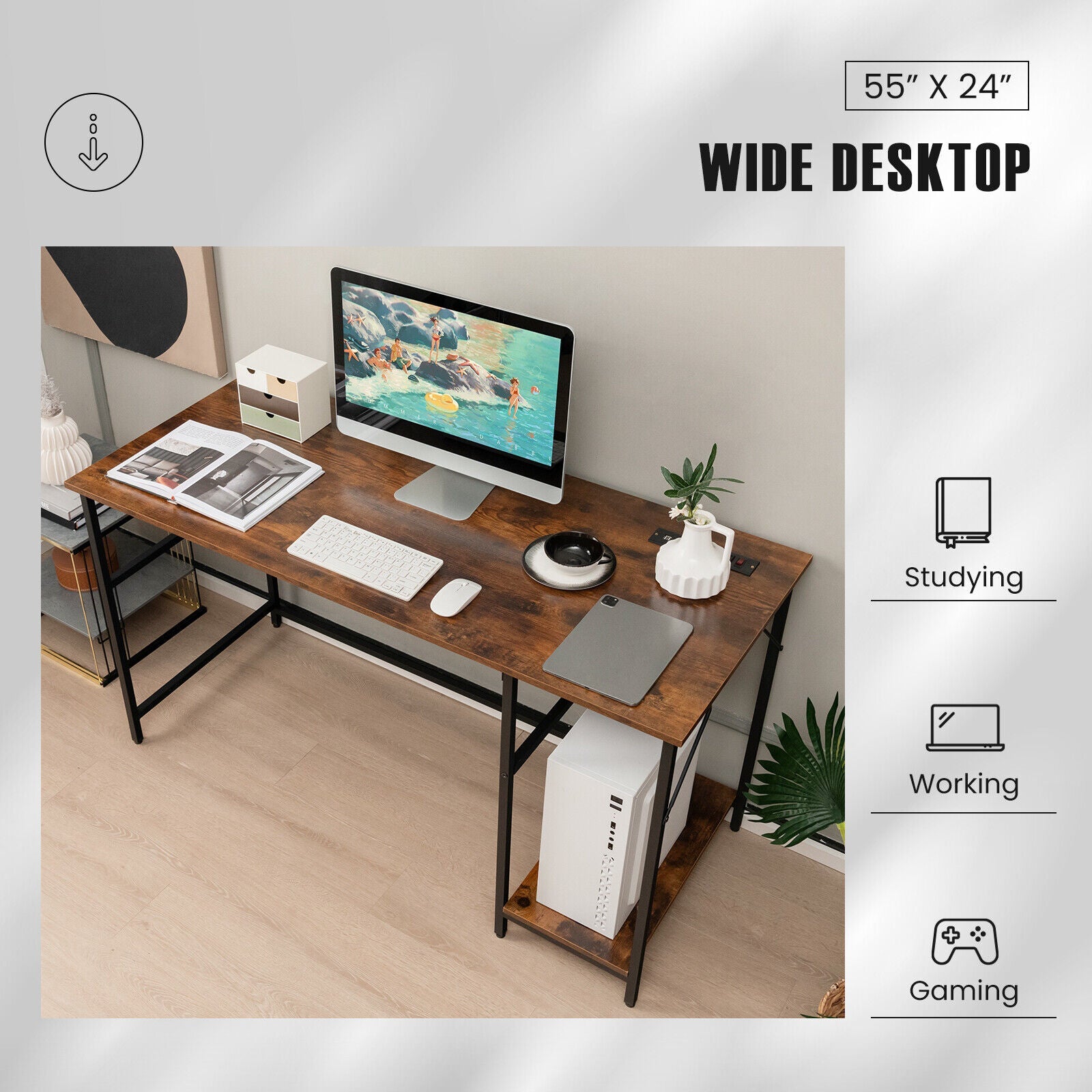 55 Inch Computer Desk with 4 Power Outlets and CPU Stand