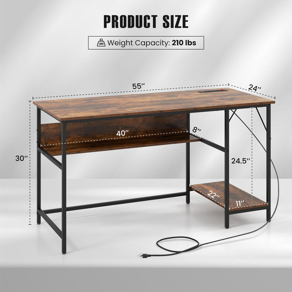 55 Inch Computer Desk with 4 Power Outlets and CPU Stand