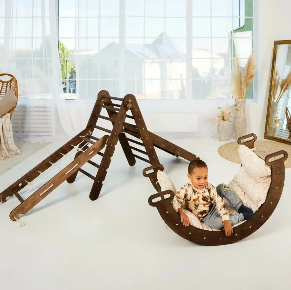 5in1 Montessori Climbing Set: Triangle Ladder + Arch/Rocker + Slide Board/Ramp + Netting rope + Cushion