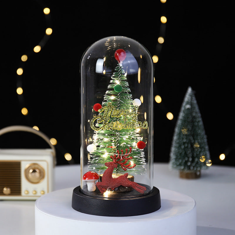 Christmas Gift LED Light Illumination Decorative Ornament Mini Christmas Tree Deer Glass Cover