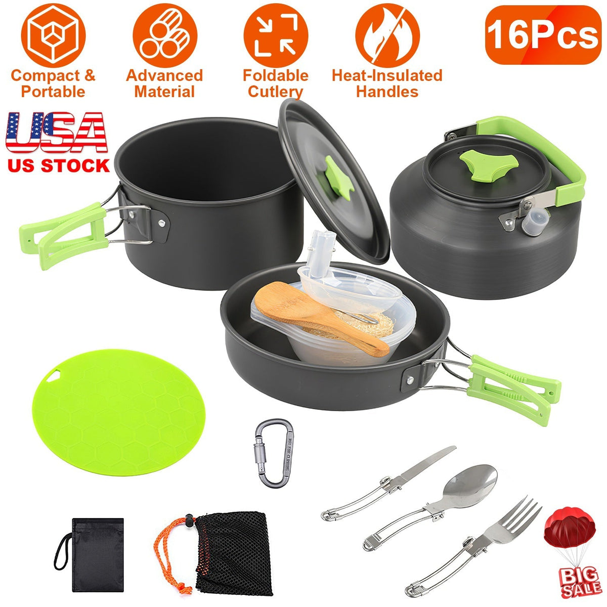 16Pcs Camping Cooking Ware Set Camping Stove Cookware Kit Aluminum Pot Pan Kettle Set with Bowls Knife Fork Spoon Carabiner Spatula Cutting Board for