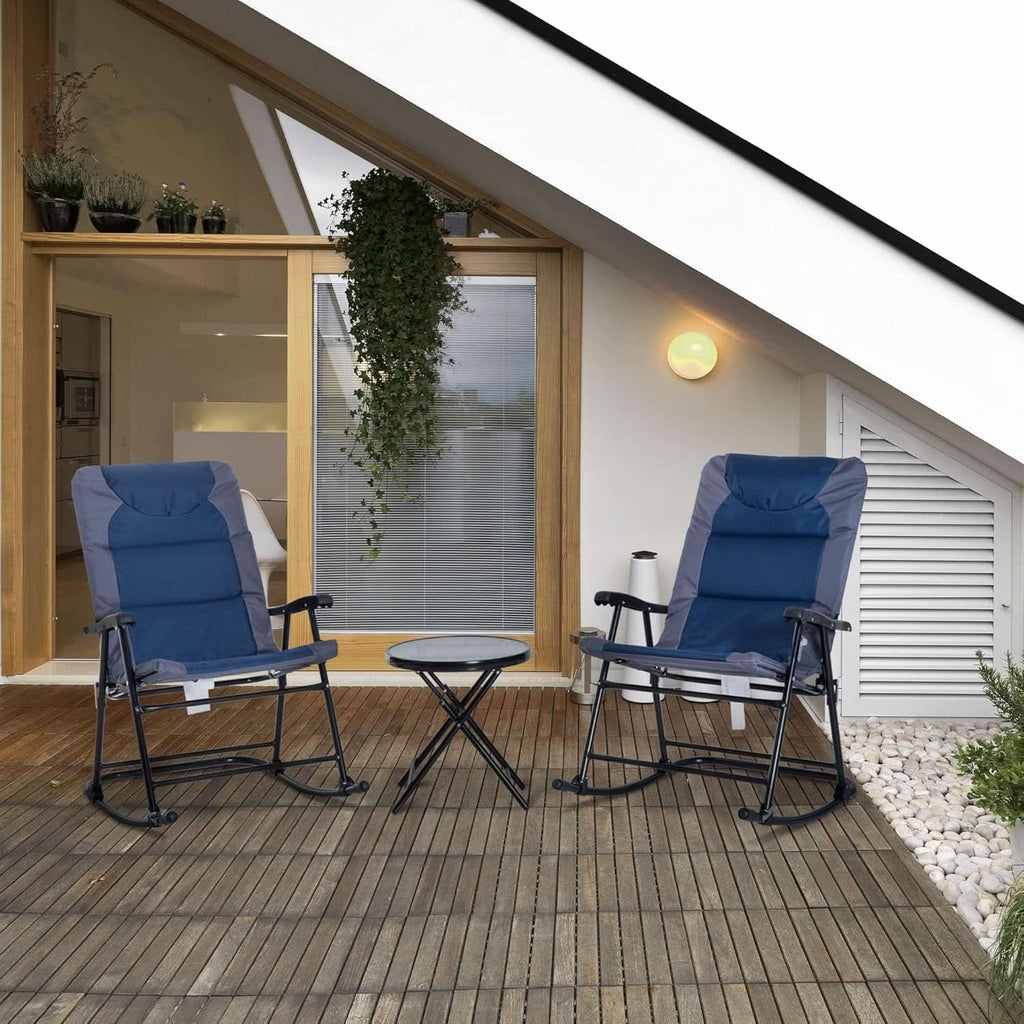 Three Piece Outdoor Patio Furniture Set With Glass Coffee Table And Two Folding Padded Rocking Chairs Navy Blue