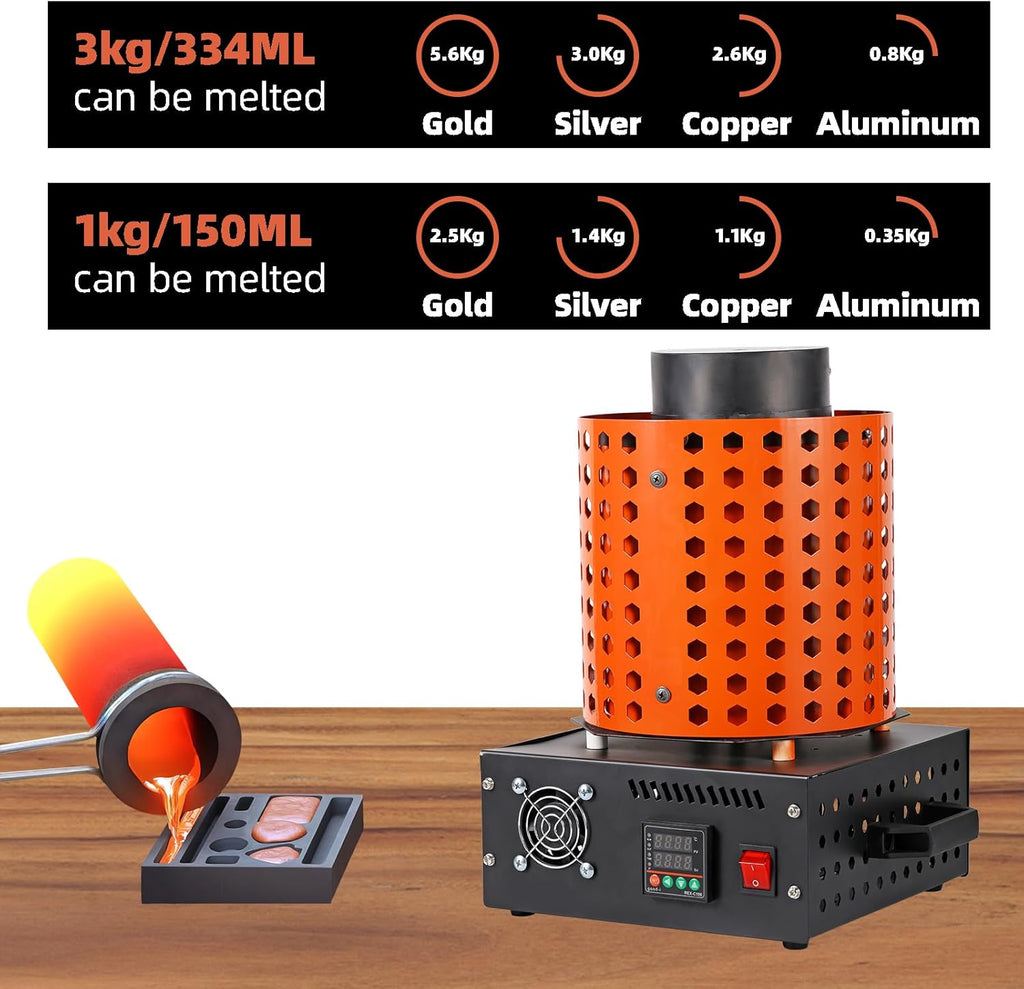 GTE Gold Melting Furnace – 1+3 KG Electric Digital Smelting Kiln Kit, 1800W 2100°F for Gold Silver Copper Aluminum (110V)