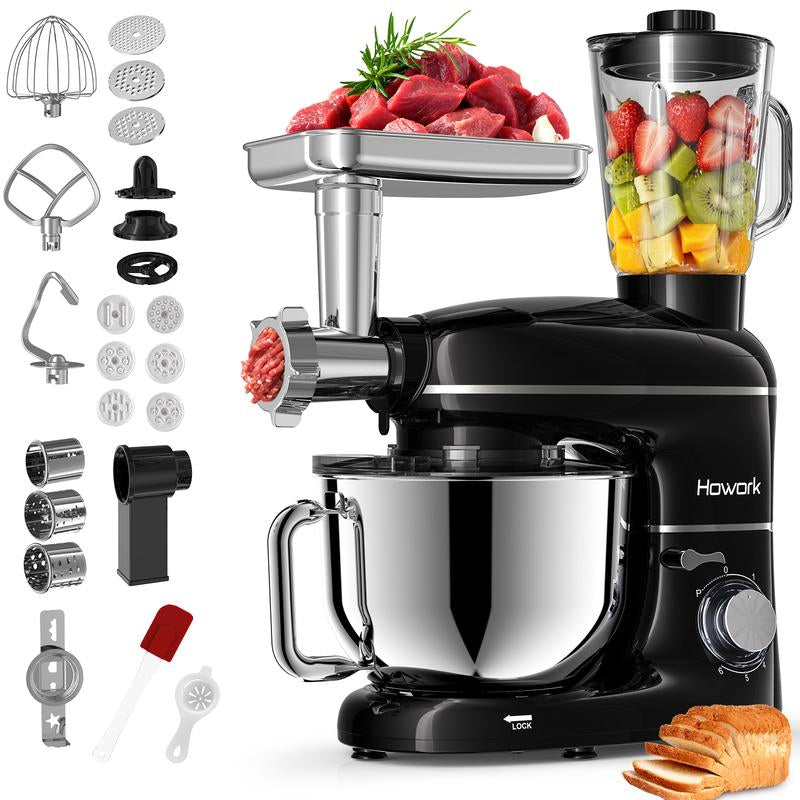 HOWORK 6.5QT 8-In-1 Multifunctional Stand Mixer | 660W 6-Speed 6.5QT Kitchen Mixer with Meat Grinder, Blender & Pasta/Cookie Maker | Perfect for Home Cooks