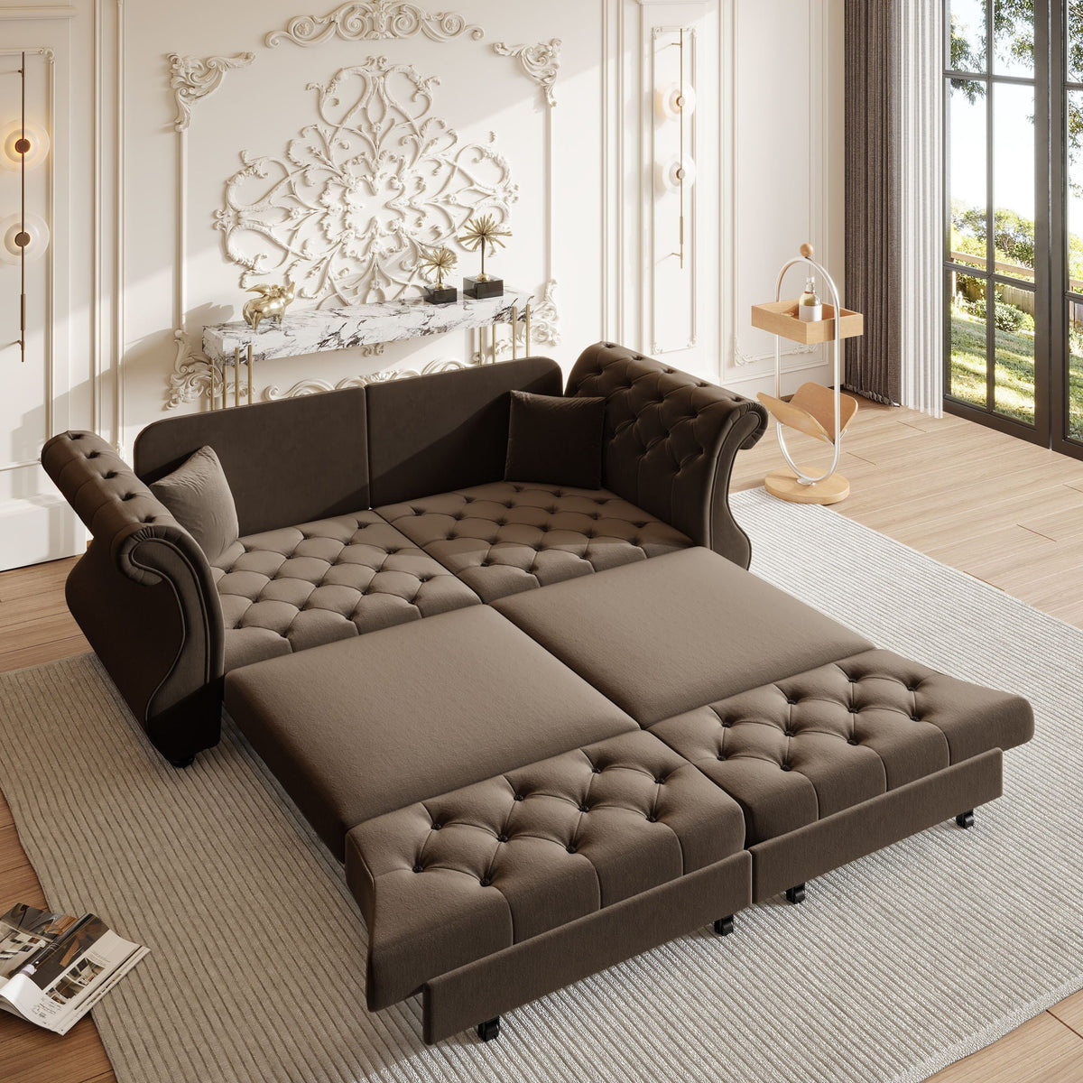 Oversized Chesterfield Pull Out Sofa Bed, Roll Arm Couch With Flower Tufting For Living Room