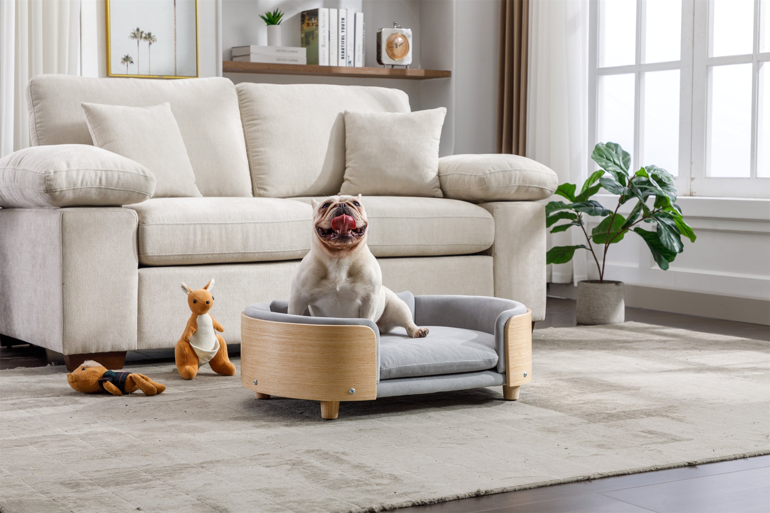 Scandinavian Style Elevated Dog Bed Pet Sofa Velvet Cushion Mid Size Light Grey