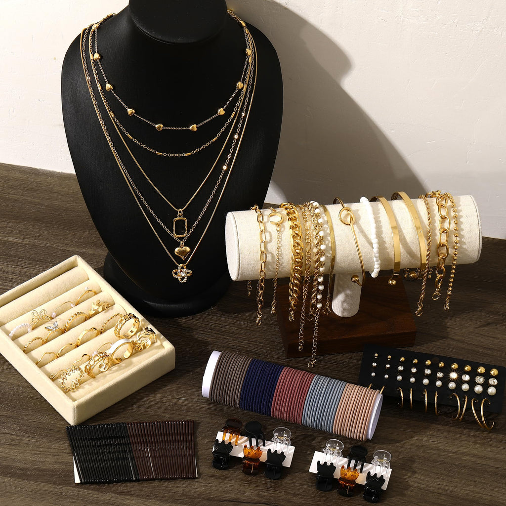 Jewelry 68 Pcs Gold Jewelry Set for Women with 7 Necklace, 17 Bracelet, 5 Hoop Earrings, 15 Stud Earrings, 24 Knuckle Rings for Women Jewelry Set for Women Gift