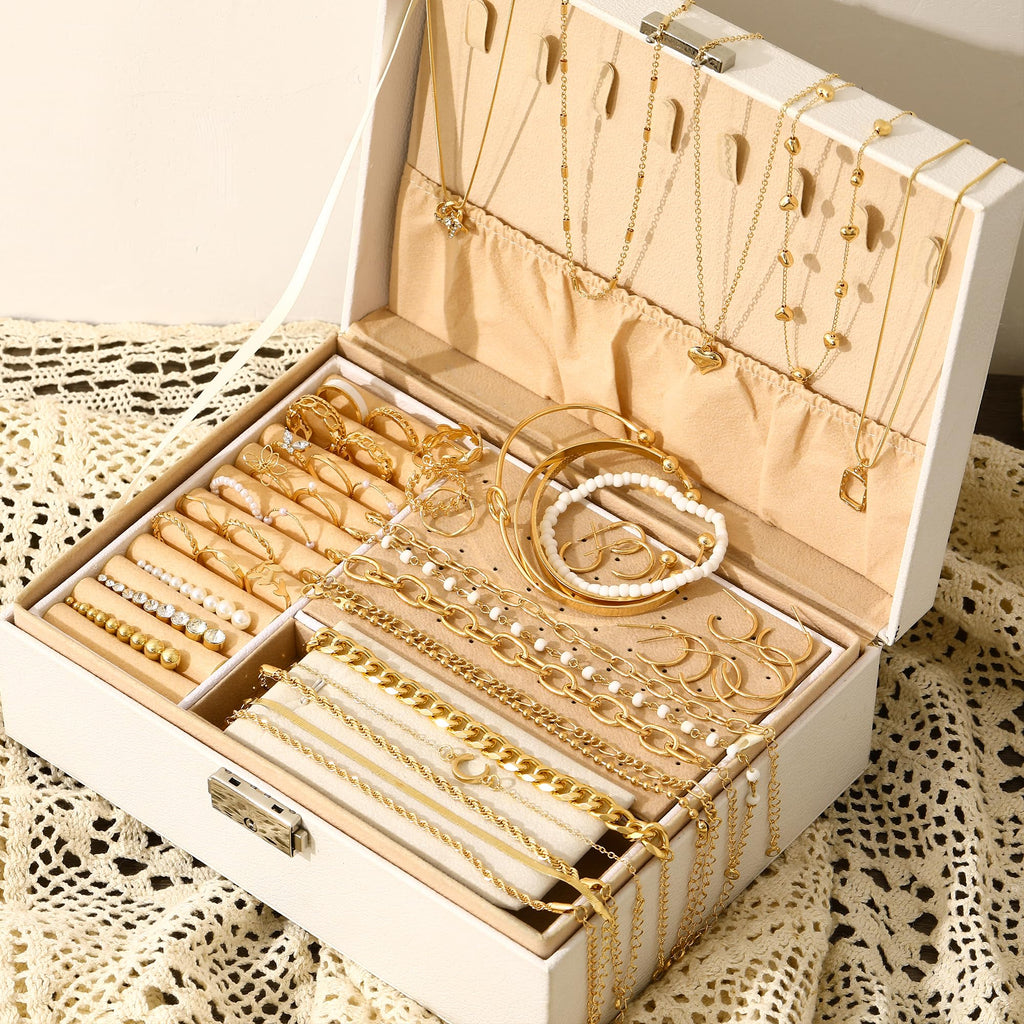 Jewelry 68 Pcs Gold Jewelry Set for Women with 7 Necklace, 17 Bracelet, 5 Hoop Earrings, 15 Stud Earrings, 24 Knuckle Rings for Women Jewelry Set for Women Gift