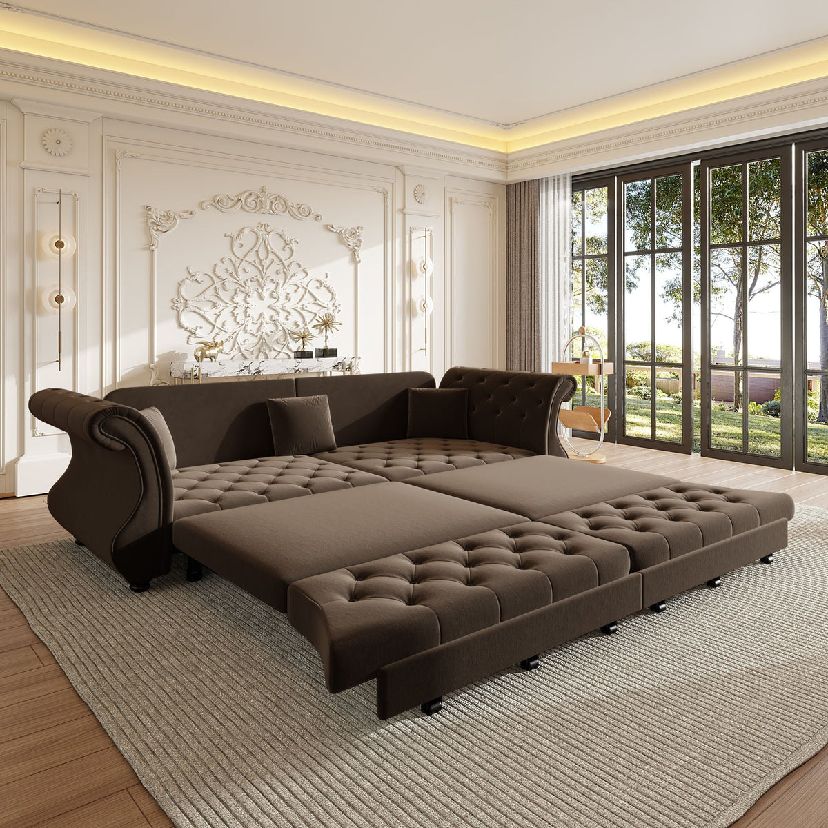 Oversized Chesterfield Pull Out Sofa Bed, Roll Arm Couch With Flower Tufting For Living Room