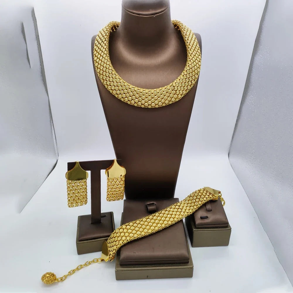 Dubai Hollow Earrings Necklace Jewelry Set Women Fashion Luxury Punk Jewellery Choker Bracelet Wholesale Accessories Party Gift