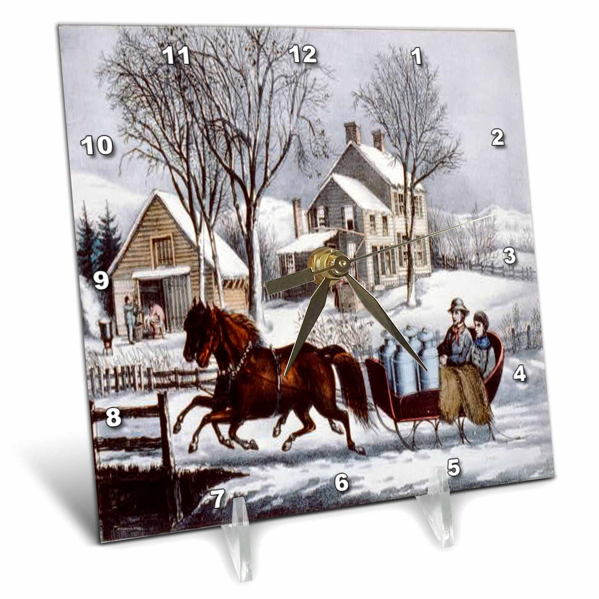 3dRose TDSwhite – Christmas Holidays Xmas - Vintage Currier and Ives Horse Drawn Sleigh Winter - Desk Clocks