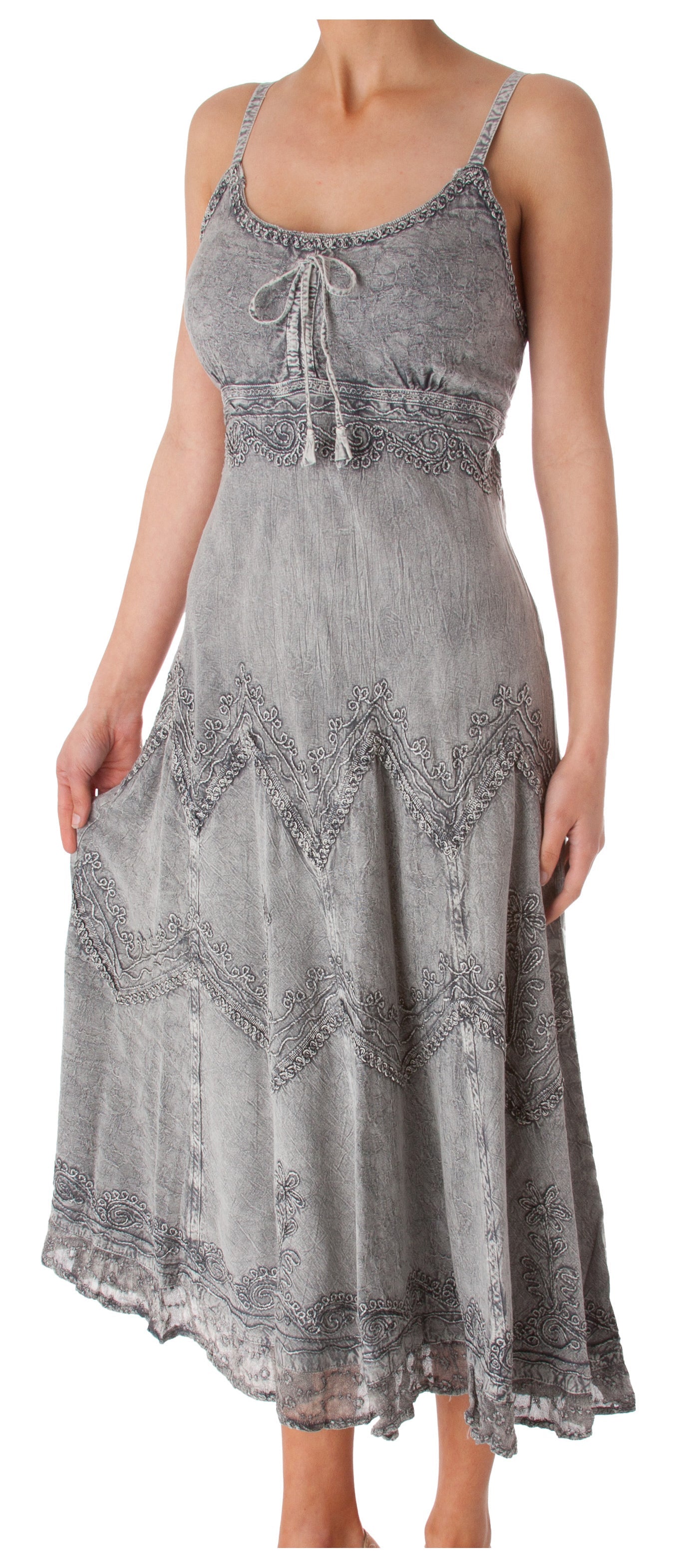 Sakkas Stonewashed Rayon Embroidered Adjustable Spaghetti Straps Long Dress