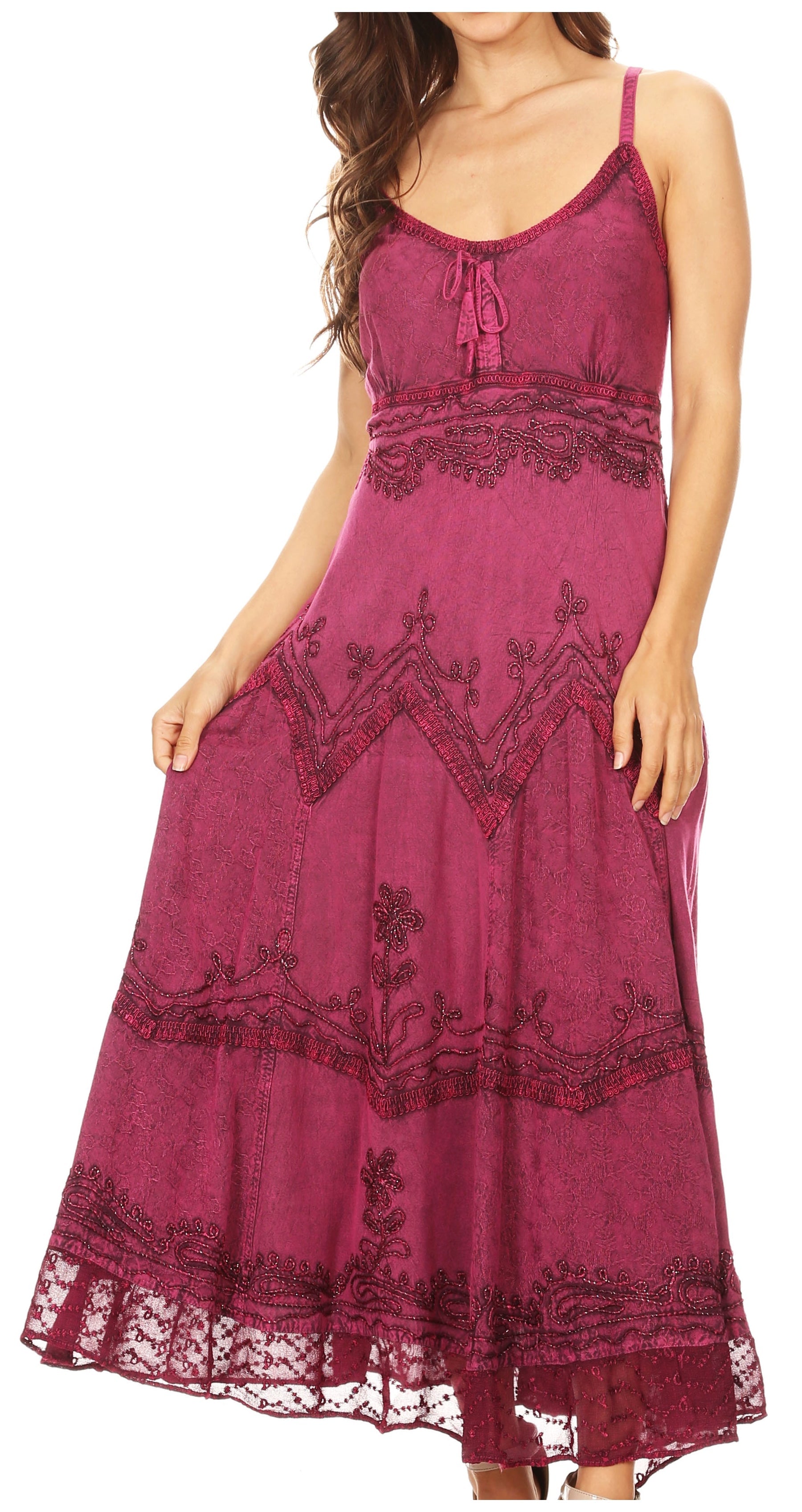 Sakkas Stonewashed Rayon Embroidered Adjustable Spaghetti Straps Long Dress