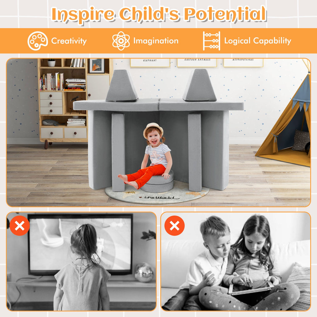 10-Piece Kids Play Couch Sofa with Portable Handle-Gray