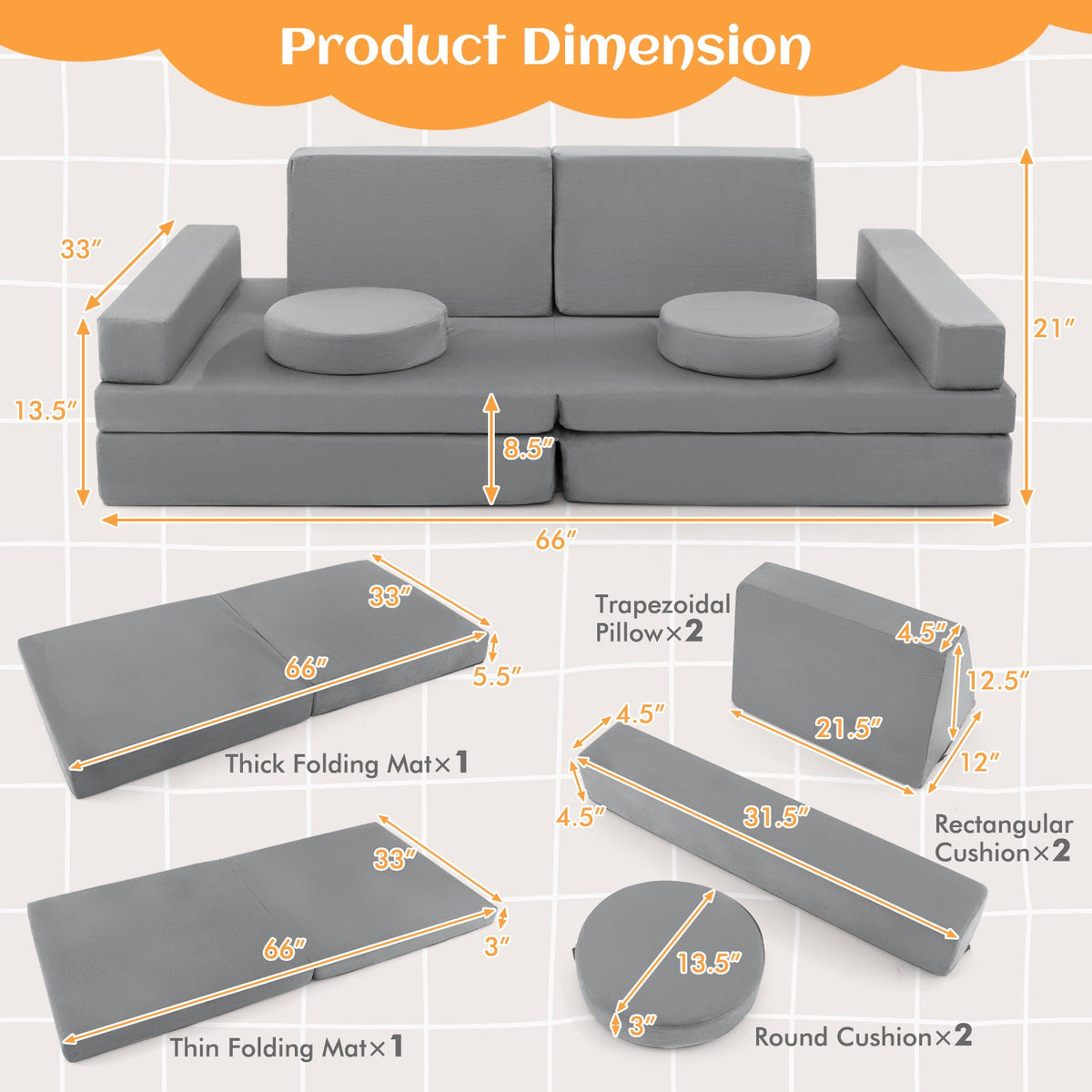 10-Piece Kids Play Couch Sofa with Portable Handle-Gray