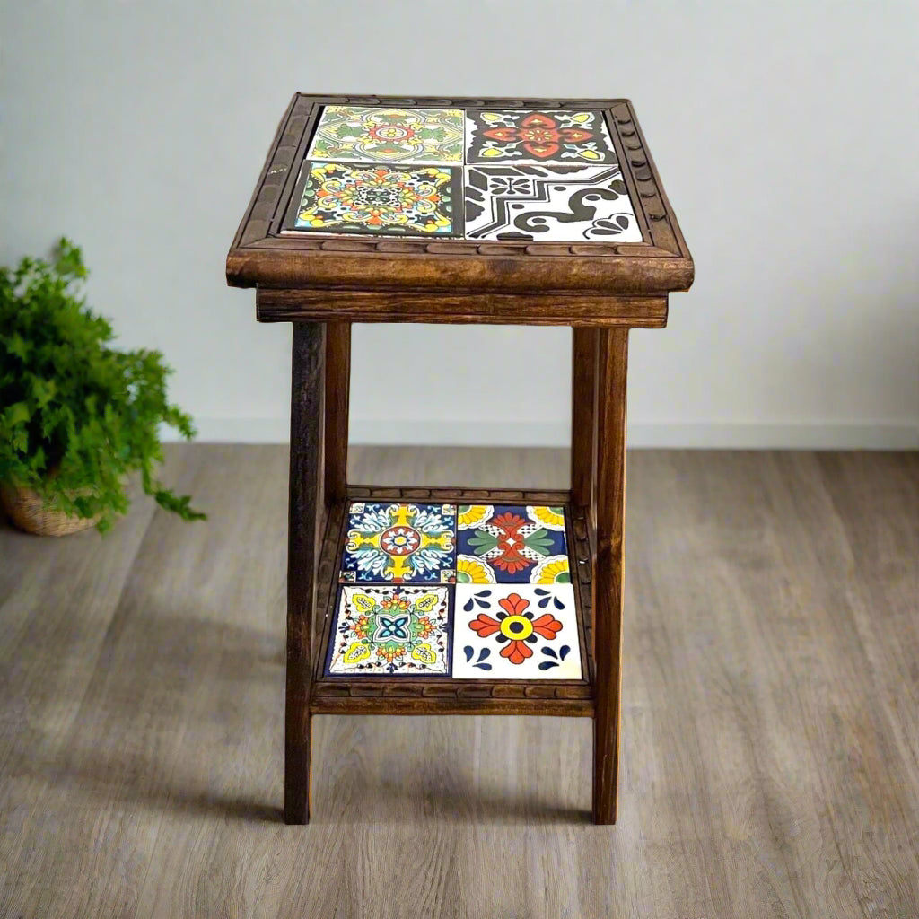 Square Talavera Tile End Table | Handmade Mexican Wood Accent Table